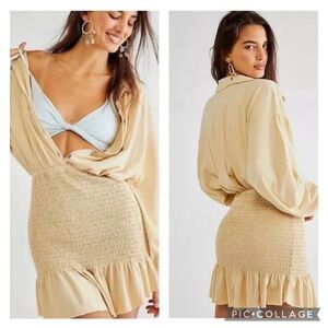 Free People FP Beach Shane Mini Dress Size Large Smocked In Soft Yellow NEW